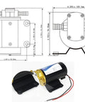 Heavy Duty 12 Volt Portable Oil Transfer Pump with measurements and design details for engine oil swaps and fluid extraction.