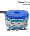 Front view of blue rotary encoder model E6B2-CWZ6C for precision position feedback in servo systems and robotics projects.