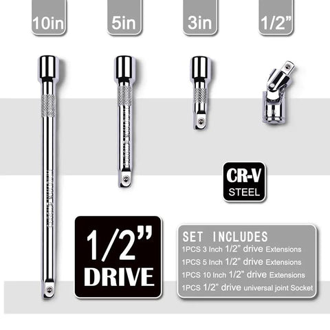 Half Inch Drive Extension Bar Set With Universal Joint Includes 3 Inch 5 Inch And 10 Inch Extensions Chrome Vanadium Steel