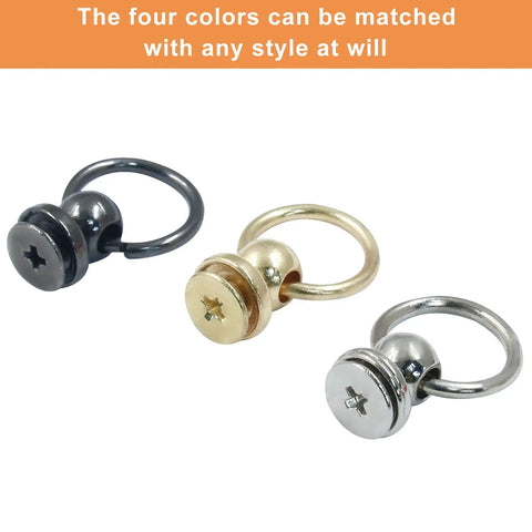 Hella Secure 30 Pack Screwback Rivets For Leather Craft Diy Setup Round Head Metal Studs with smooth pull ring in glossy silver, matte black, and bright gold.