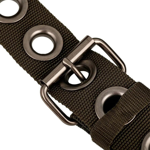 Close-up of the Infinity Belt from the Camo Tool Belt With Suspenders From Original Series 85035 with metal loops and buckle