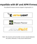 Compatibility logos for Betaflight, Mission Planner, and ArduPilot firmware on 2.4GHz ER16 ELRS FPV 16CH Receiver with Dual IPEX MHF 1 Antenna.