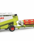 Claas Lexion 480 Combine Harvester Toy With Totally Realistic Moving Header And Detachable Mowing Device For Indoor And Outdoor Play Durable Farm Vehicle For Ages 3 Plus Authentic Scale Model For Busy Farm Kids, side view showing moving header and wheels.