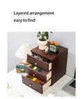 Retro Wooden Desktop File Cabinet With 4-Tier A4 Storage Box For Office Supplies, open drawers with desk items visible