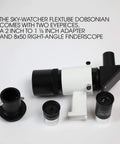 Flextube 300 Dobsonian 12 Inch Telescope accessories including eyepieces, adapter, and finderscope on white background