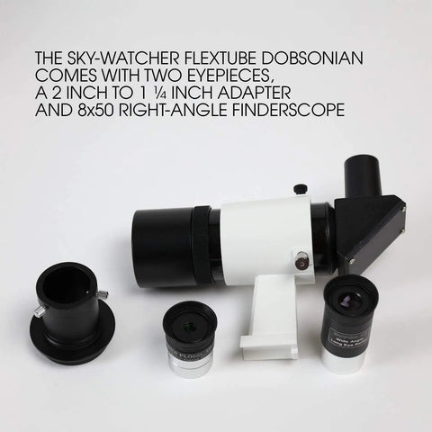 Flextube 300 Dobsonian 12 Inch Telescope accessories including eyepieces, adapter, and finderscope on white background