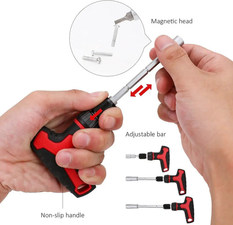 Hands demonstrating T-Handle Ratchet Screwdriver Set With Magnetic Bit Holder 27-Piece Cr-V Steel DIY Kit for home electronics repair.