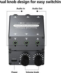 Top view of Two Channel 3.5mm Stereo Audio Mixer With Dual Volume Knobs Aluminum Shell 2 In 1 Out showing audio inputs.