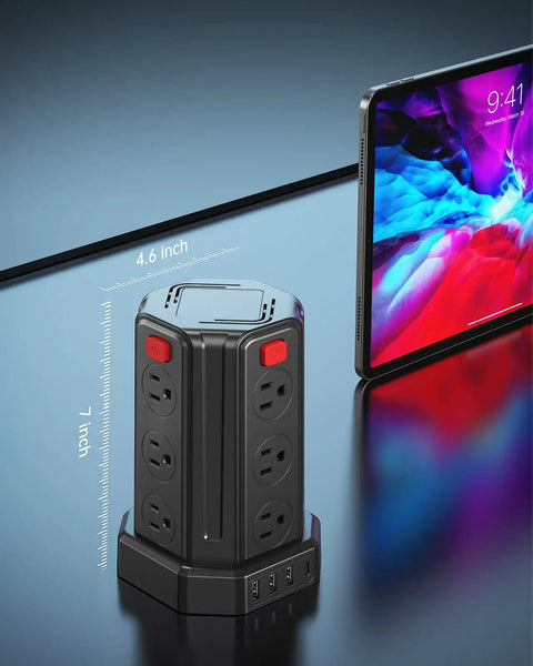 Beast Of A 16.4 Ft Power Strip Surge Protector With 12 AC Outlets And 4 USB Ports Including USB C, shown next to tablet