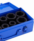 Huge 10 Piece Deep Impact Socket Set With 1 Inch Drive And Steel Construction Perfect For Gnarly Automotive Jobs Or Heavy Industrial Fixes Comes With Neat Blue Storage Box To Keep Tools Snug. Open blue storage box with deep impact sockets