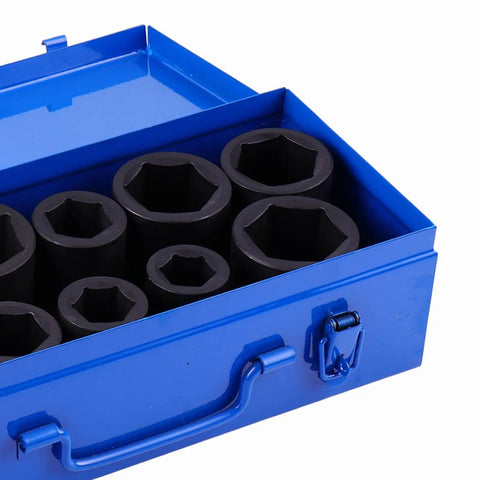 Huge 10 Piece Deep Impact Socket Set With 1 Inch Drive And Steel Construction Perfect For Gnarly Automotive Jobs Or Heavy Industrial Fixes Comes With Neat Blue Storage Box To Keep Tools Snug. Open blue storage box with deep impact sockets
