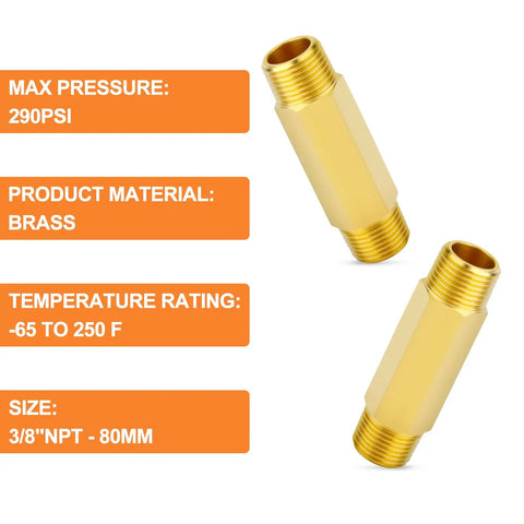 Forged Brass Long Nipple Three Eighths NPT Male To Three Eighths NPT Male Pipe Fitting Hex Nipple Connector Three Inch Length 2 Pack