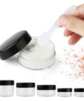 10 Piece Clear Acrylic Makeup Travel Jars With Lids In 0.11 Oz 0.18 Oz 0.35 Oz 0.53 Oz And 0.7 Oz Sizes Plus 5 Mini Spatulas For On The Go Storage And Gift Random Color Set with open jar and spatula.