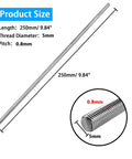 Set of 4 M5 x 250mm fully threaded stainless steel rods, 304 SS, 0.8mm pitch, right-hand threads.
