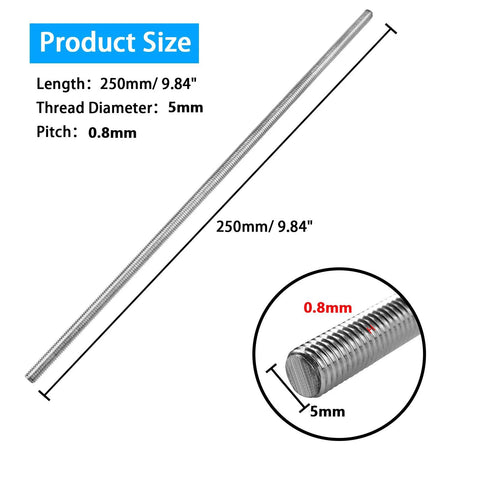 Set of 4 M5 x 250mm fully threaded stainless steel rods, 304 SS, 0.8mm pitch, right-hand threads.