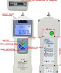 Manual Force Gauge Stand With Digital Force Gauge 300mm Stroke 1000N Capacity Tension And Compression Testing USB Data Output LCD Backlit Display Stores Up To 999 Peak Readings Great For Lab Or Workshop Use. USB RS-232 port and rear view