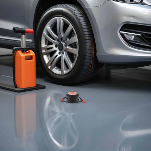 Slap This Auto Fire Suppressant Disc Straight Up On Dashboards Or Beneath Hood Panels Where Heat Spikes triggers on garage floor next to car tire.