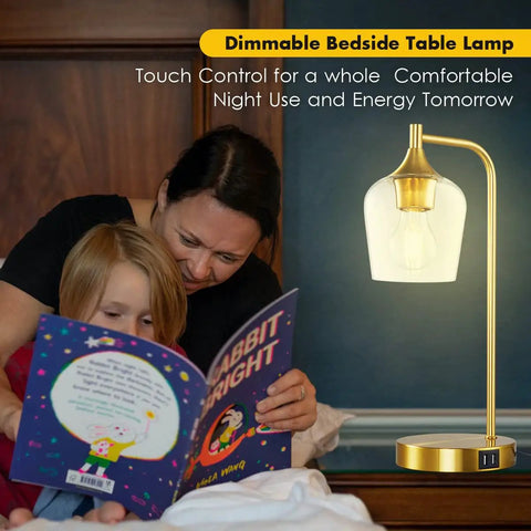 Gold Industrial Table Lamps Set of 2 With USB Charging Ports, Dimmable Touch Control, in bedroom setting with family reading.