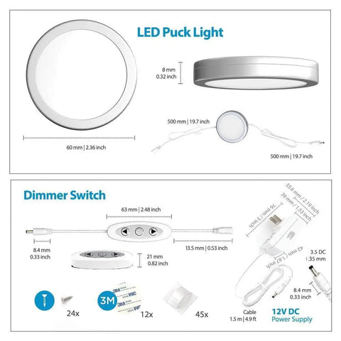 Under Cabinet LED Puck Lights With Dimmer, 12 Pack, Dimmable Cool White 6000K, Hands Free Wave Sensor showing dimensions and power supply.