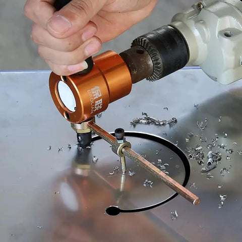 Heavy Duty 6Mm Metal Sheet Cutter With Double Head Electric Drill Attachment For Nibbling Punching And Scoring in use on metal sheet.