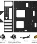 Disassembled view of Open Frame Gaming PC Case And Test Bench Rig For E-ATX ATX M-ATX ITX Motherboards, black components and screws.
