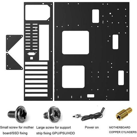 Disassembled view of Open Frame Gaming PC Case And Test Bench Rig For E-ATX ATX M-ATX ITX Motherboards, black components and screws.
