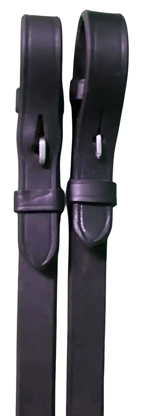 54 Inch Full Size English Laced Leather Horse Reins For Daily Training And Comp Premium Soft Leather Construction With Durable Hardware Black Pro Everyday Ready - close-up view of buckle attachment.