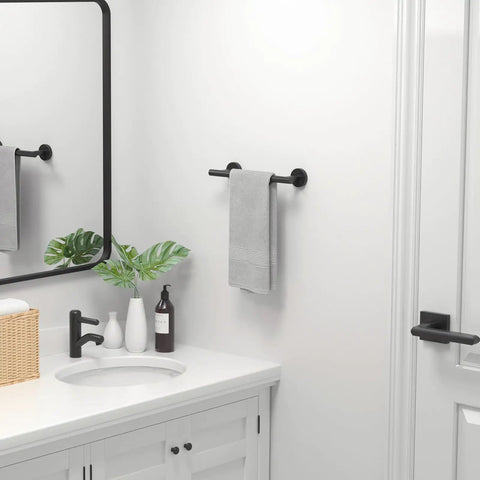 Matte Black Towel Bar For Bathroom, 24 Inch Wall Mounted Stainless Steel Rod with towel, modern bathroom decor scene