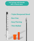Syringes With Needle 30 Pack U-100 1ml 30G 5/16 Inch 8mm Sterile Individually Wrapped For Clear Measurements And Accurate Dosing In Lab And Medical Prep, 1ml syringe with 30G needle