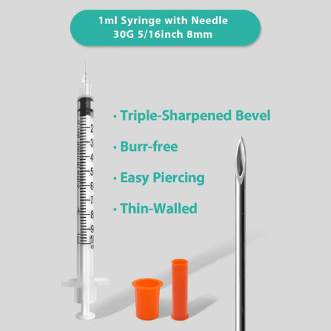 Syringes With Needle 30 Pack U-100 1ml 30G 5/16 Inch 8mm Sterile Individually Wrapped For Clear Measurements And Accurate Dosing In Lab And Medical Prep, 1ml syringe with 30G needle