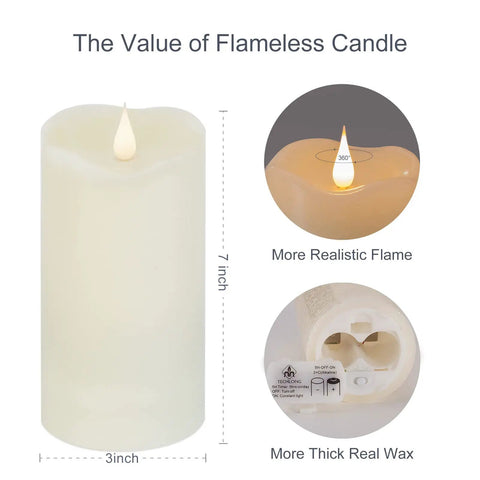 Flameless LED Pillar Candles Set Of 2 With Remote Timer Ivory Real Wax 3 By 7 Inches 3D Moving Flicker Flames That Look Real