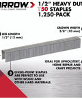 Heavy Duty One Half Inch T50 Steel Staples In A Massive Twelve Five Zero Pack showing staples with 1/2 inch leg length and 3/8 inch crown.