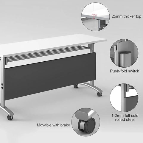 Game Changer Folding Mobile Conference Table With Privacy Panel And Heavy Duty Locking Casters Flexible Workstation Setup For Home Office Or Classroom Use In Packs Of Four Tables showing detailed features and structure.