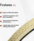 Close-up of cream 24X2.125 inch beach cruiser tire replacement for 24 inch wheels with feature highlights on toughness and grip.