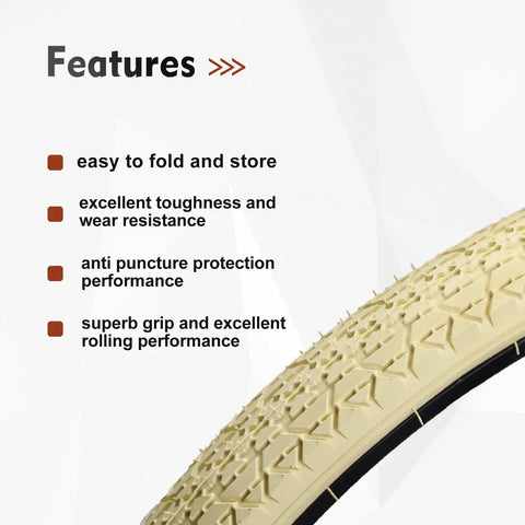 Close-up of cream 24X2.125 inch beach cruiser tire replacement for 24 inch wheels with feature highlights on toughness and grip.