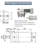Two Pack 6-12V DC Gear Motors With Double Shaft High Torque Quiet 350 RPM, diagram and caliper measurement.