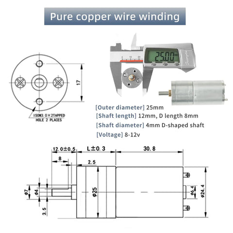 Two Pack 6-12V DC Gear Motors With Double Shaft High Torque Quiet 350 RPM, diagram and caliper measurement.