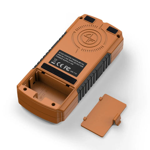 Brilluxa Stud Finder, Wall Scanner Digital Detector with LCD Display for Wood Studs, Metal Pipes and Live AC Wires Behind Drywall (Yellow) back view showing battery compartment and cover.