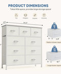 Dimensions of White 9 Drawer Dresser With Fabric Bins Sturdy Metal Frame And Wood Top showing drawer sizes and capacities.