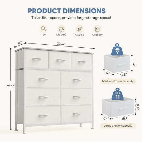Dimensions of White 9 Drawer Dresser With Fabric Bins Sturdy Metal Frame And Wood Top showing drawer sizes and capacities.