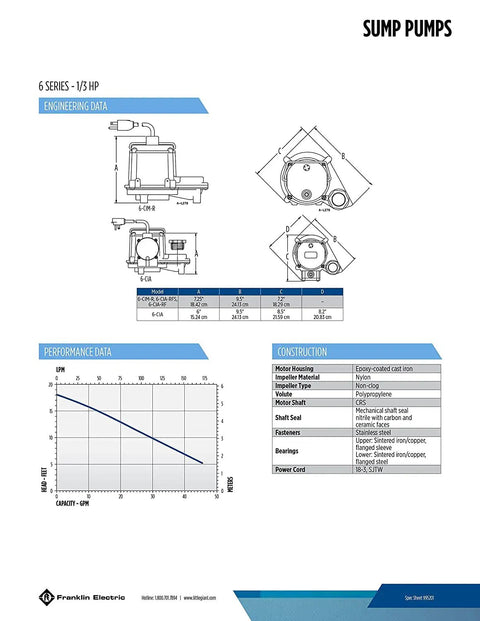 Diagram and specifications of Automatic Submersible Sump Pump 115 Volt 1/3 HP Cast Iron, 2760 GPH With Integral Diaphragm Switch.