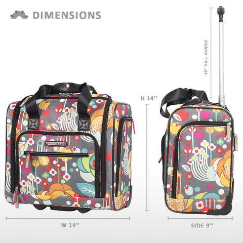 Underseat Carry On Rolling Bag For Women, 15 Inch Lightweight Weekender Luggage with floral design, ergonomic telescoping handle