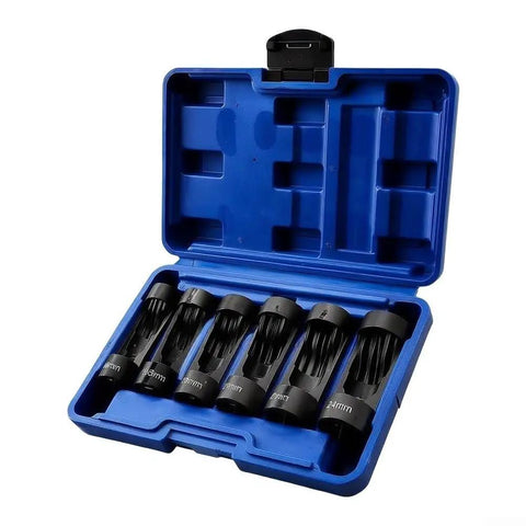Premium Heavy Duty 12 Point Deep Groove Socket Wrench Set 6 Piece Black Alloy Steel Tool Kit in blue carrying case.