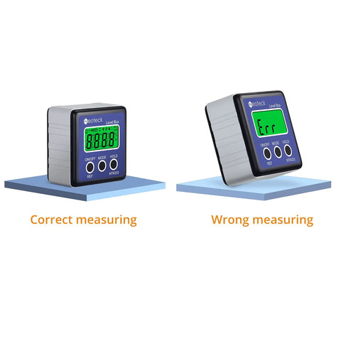Slick Digital Angle Finder With Crystal Clear Lcd Display Waterproof Protractor And Reliable Inclinometer, showing accurate and error readings.