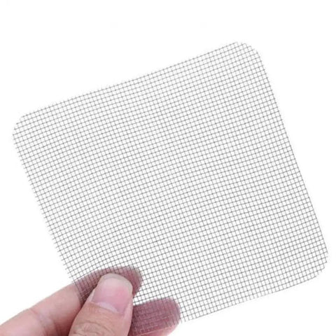 Close-up of a mesh patch from a 10 Piece Screen Repair Patch Kit For Windows, Doors And Tents Easy Adhesive Patches To Fix Tears, Holes, And Rips Without Expensive Replacements Ideal Emergency Camping Gear And DIY Home Screen Repair.