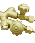Close-up of brass valve on Heavy Duty Oxygen Acetylene Cutting Torch With Rear Mounted Pressure Handle, beefy alloy steel construction.