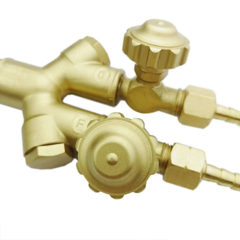 Close-up of brass valve on Heavy Duty Oxygen Acetylene Cutting Torch With Rear Mounted Pressure Handle, beefy alloy steel construction.