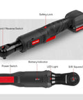 Three Eighths Inch Cordless Electric Ratchet Wrench Set with Beast Torque at 55 Ft-Lbs, 12V Kit showing features