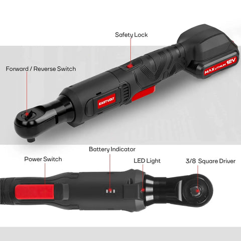 Three Eighths Inch Cordless Electric Ratchet Wrench Set with Beast Torque at 55 Ft-Lbs, 12V Kit showing features