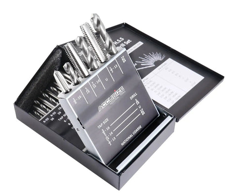 Pro Grade HSS Tap And Drill Set For UNC Threads 18 Piece Kit with taps, drills neatly arranged in metal index box.